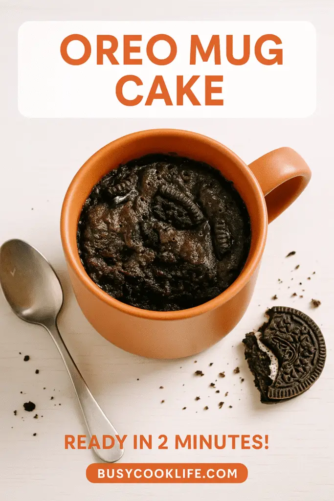 Pinterest-optimized vertical image of Oreo mug cake with text overlay for social sharing