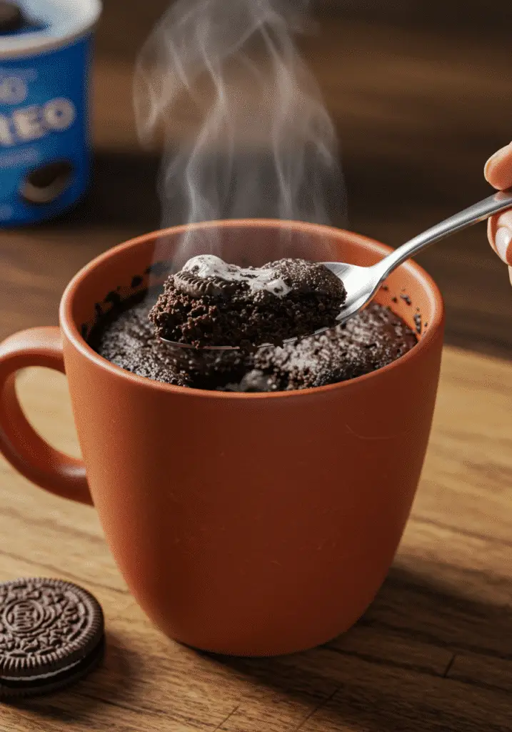 Finished Oreo mug cake being served with spoon showing gooey interior texture