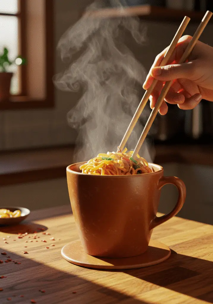 Stirring Pad Thai ingredients in ceramic mug during cooking