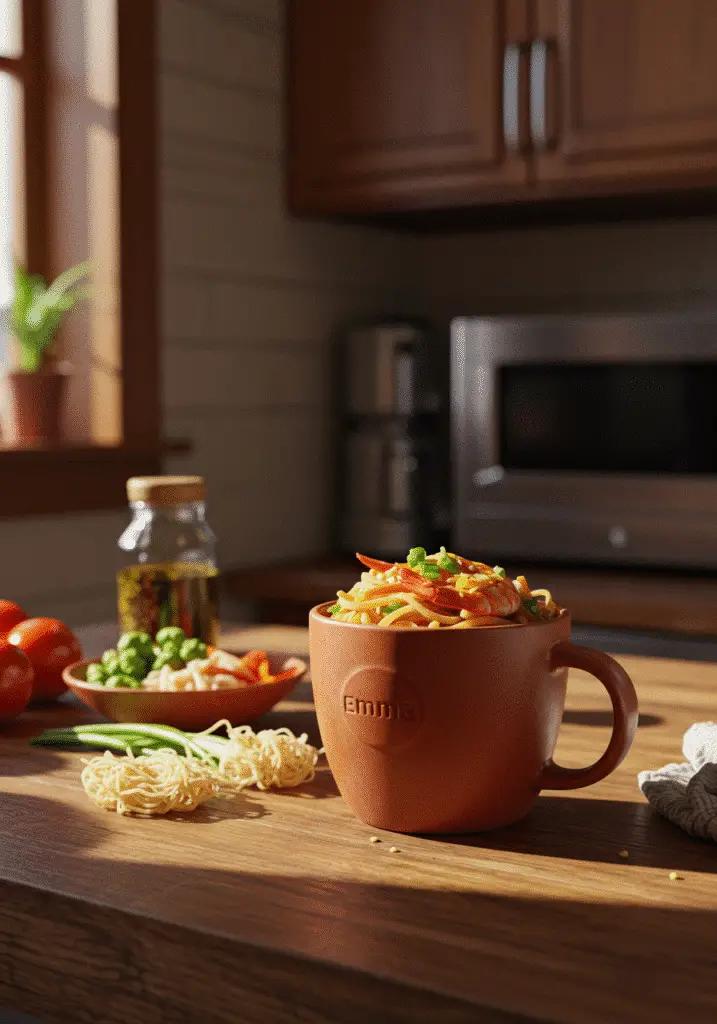Pad Thai mug recipe ingredients laid out on kitchen counter