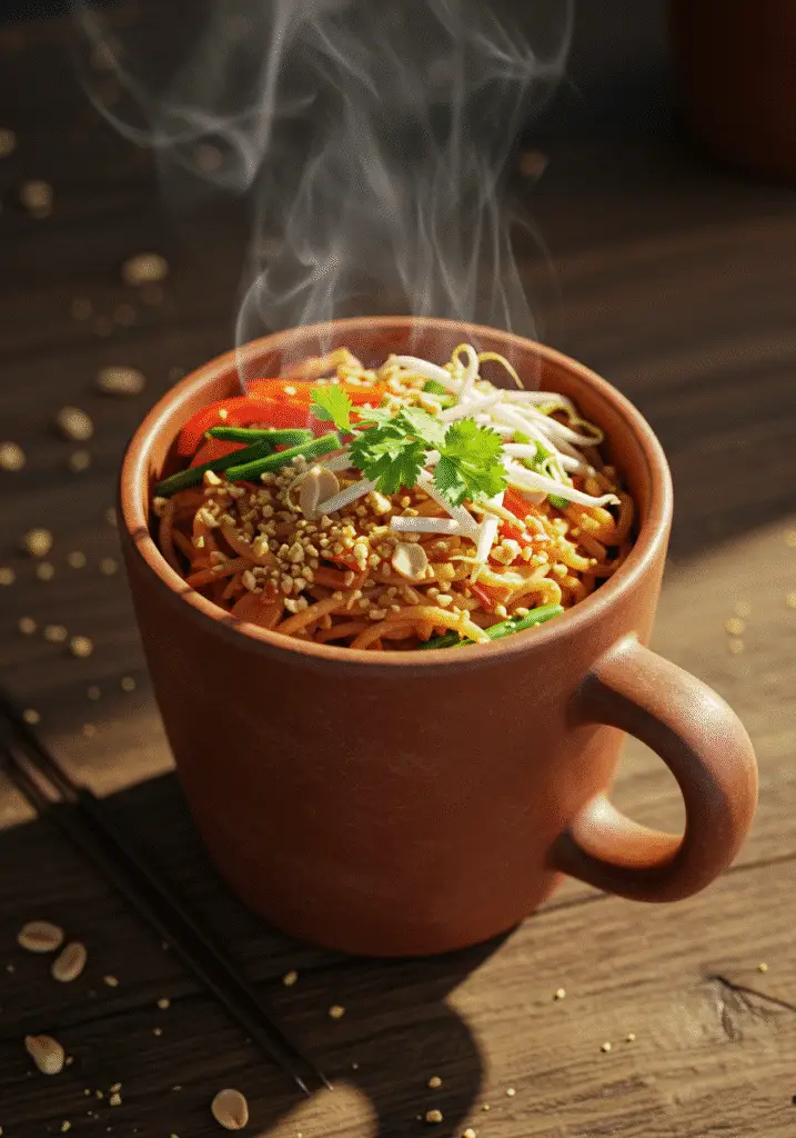 Finished Pad Thai in a mug ready to serve with garnishes