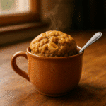 Peanut butter banana mug muffin served in terracotta ceramic mug with steam rising