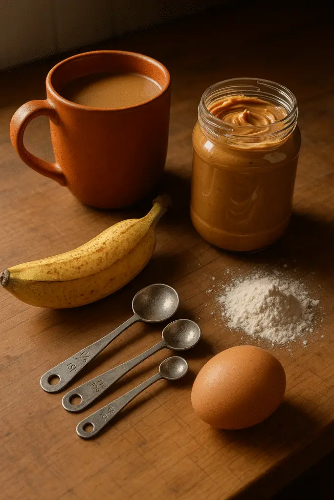 Peanut butter banana mug muffin ingredients arranged on kitchen counter with measuring spoons