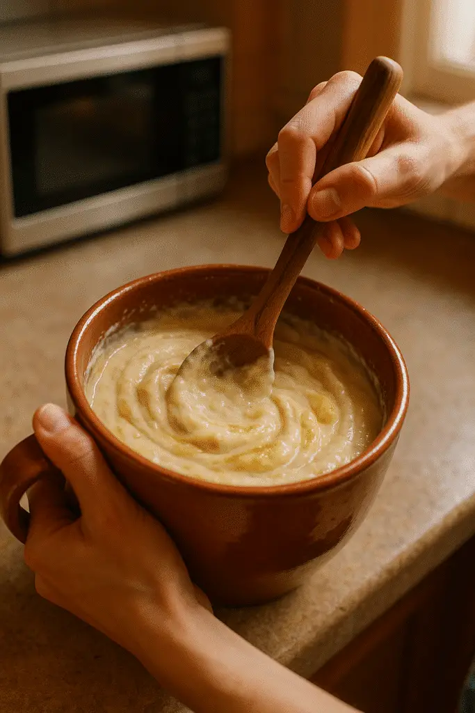 Mixing peanut butter banana mug muffin batter in ceramic mug with wooden spoon