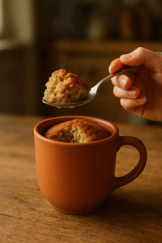 First spoonful of fluffy peanut butter banana mug muffin being served from ceramic mug