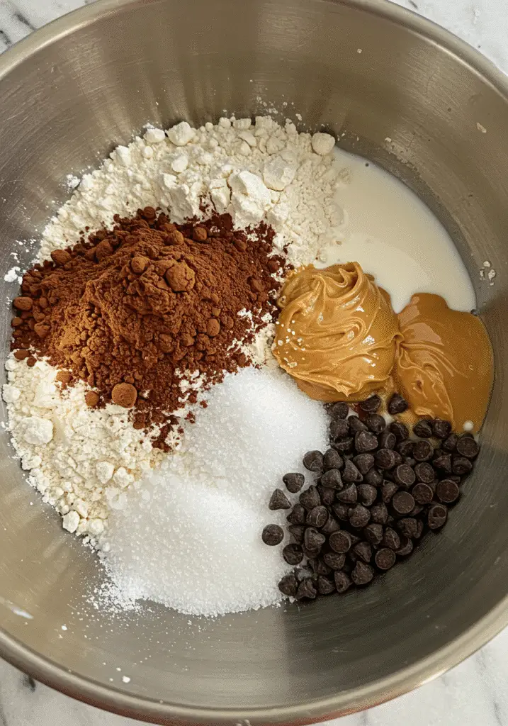 Peanut butter chocolate mug cake ingredients laid out on wooden surface