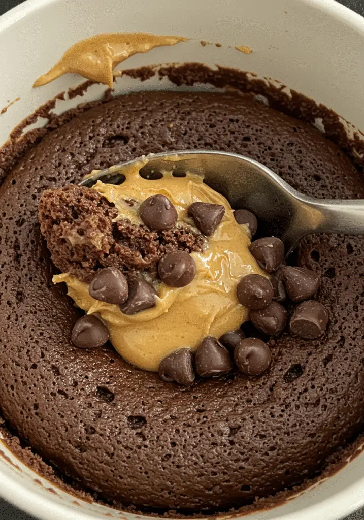 Peanut butter chocolate mug cake being served with spoon showing texture