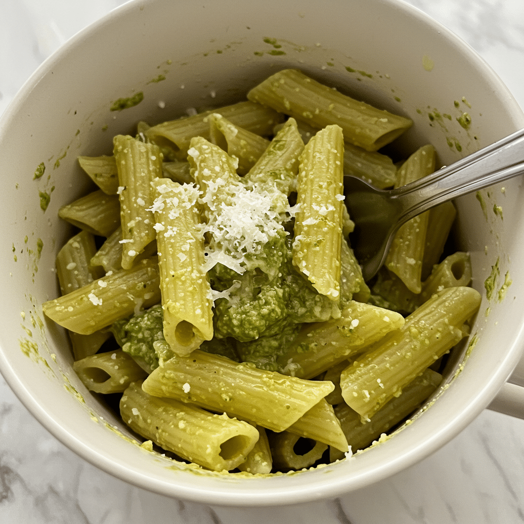 Creamy pesto pasta in white ceramic mug with parmesan cheese - BusyCookLife 5-minute microwave recipe