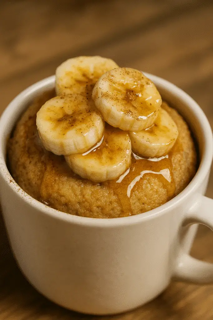 Vertical Pinterest-style Banana Foster Mug Cake recipe photo showing single serving dessert with caramel drizzle