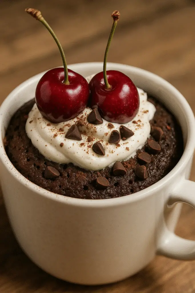 Pinterest-ready Black Forest mug cake dessert with chocolate and cherry layers from BusyCookLife