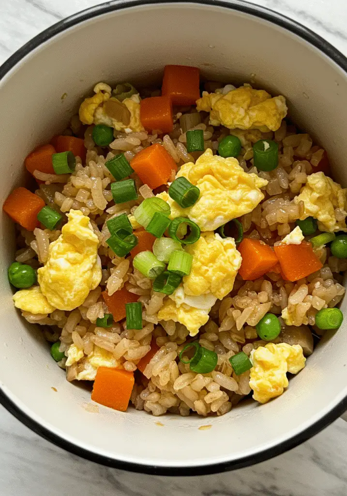 Pinterest-ready breakfast fried rice mug recipe with step-by-step microwave cooking method
