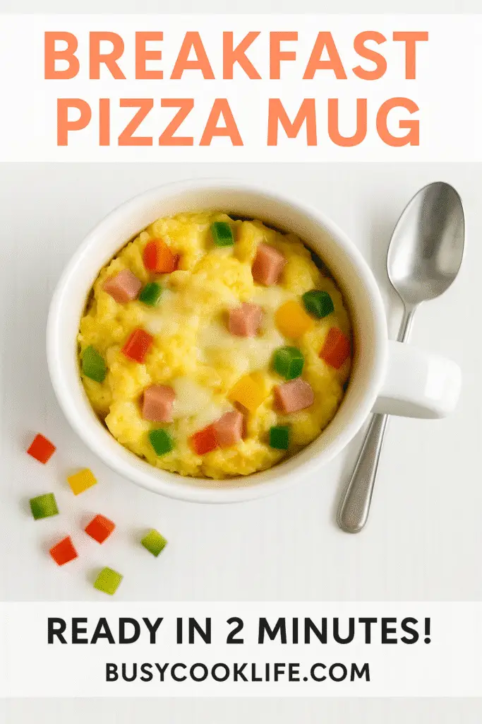 Pinterest pin for breakfast pizza mug recipe - 2 minute microwave breakfast
