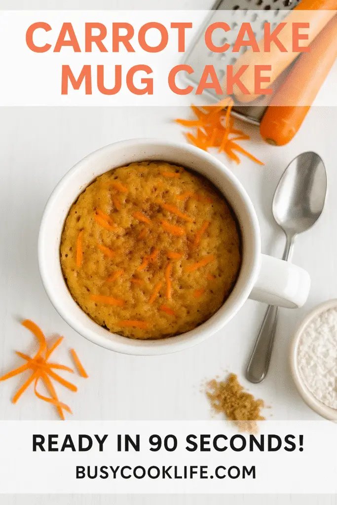 Pinterest pin for carrot cake mug cake recipe ready in 90 seconds from BusyCookLife brand