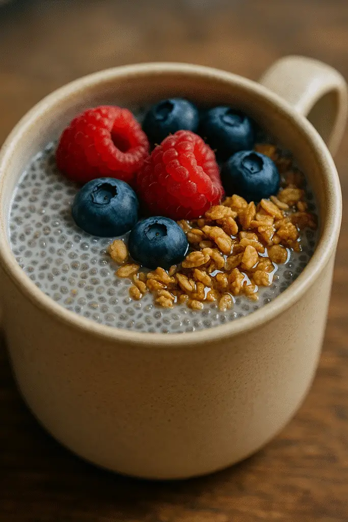 Pinterest-worthy chia pudding in ceramic mug with fresh toppings for busy morning breakfast