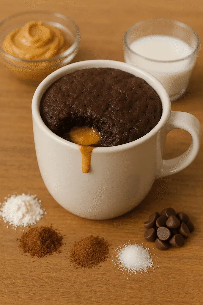 Vertical Pinterest pin featuring chocolate peanut butter lava mug recipe with 90-second microwave cooking time from BusyCookLife