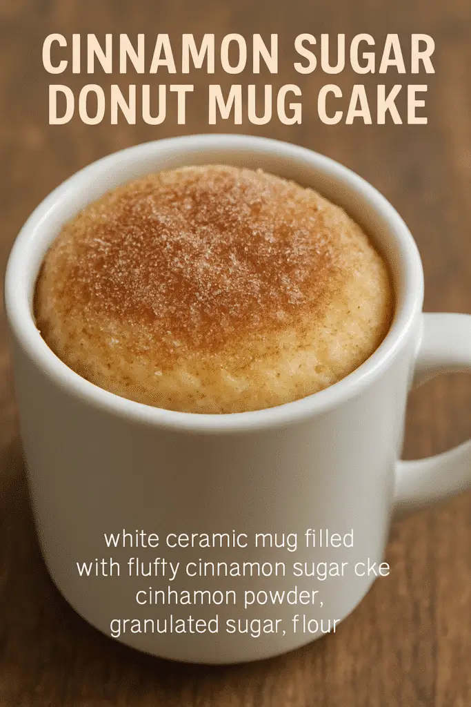 Vertical Pinterest image of cinnamon sugar donut mug cake recipe from BusyCookLife showing golden fluffy texture