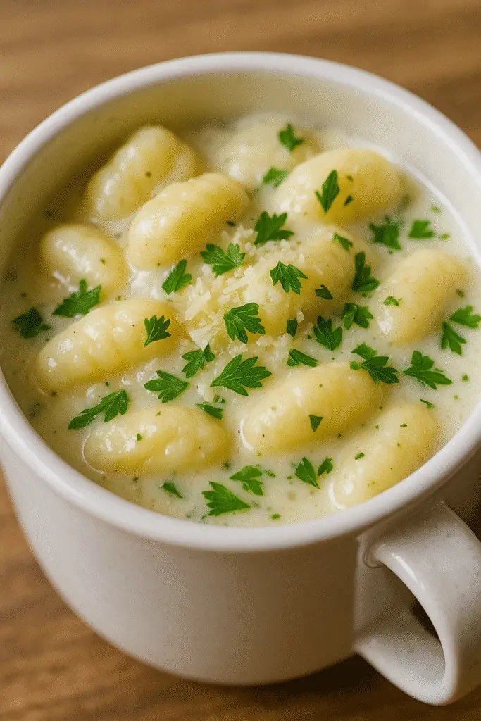 Quick 5-minute gnocchi alfredo mug recipe with creamy sauce and tender gnocchi, perfect for busy weeknight dinner