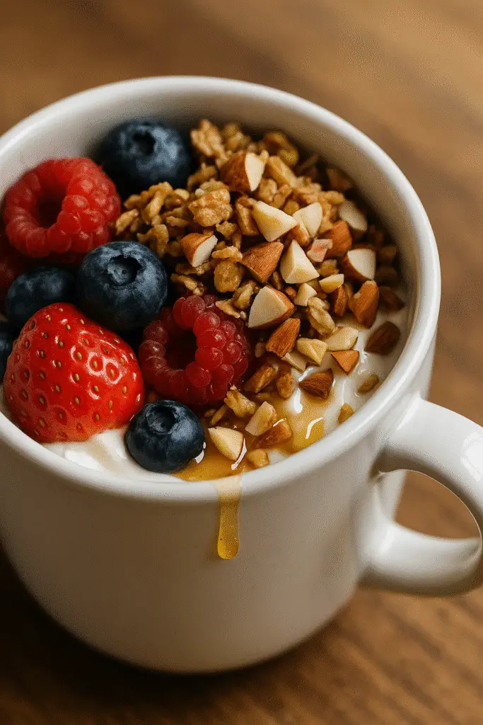 Pinterest-ready Greek yogurt parfait mug showing perfect layers - BusyCookLife breakfast recipe