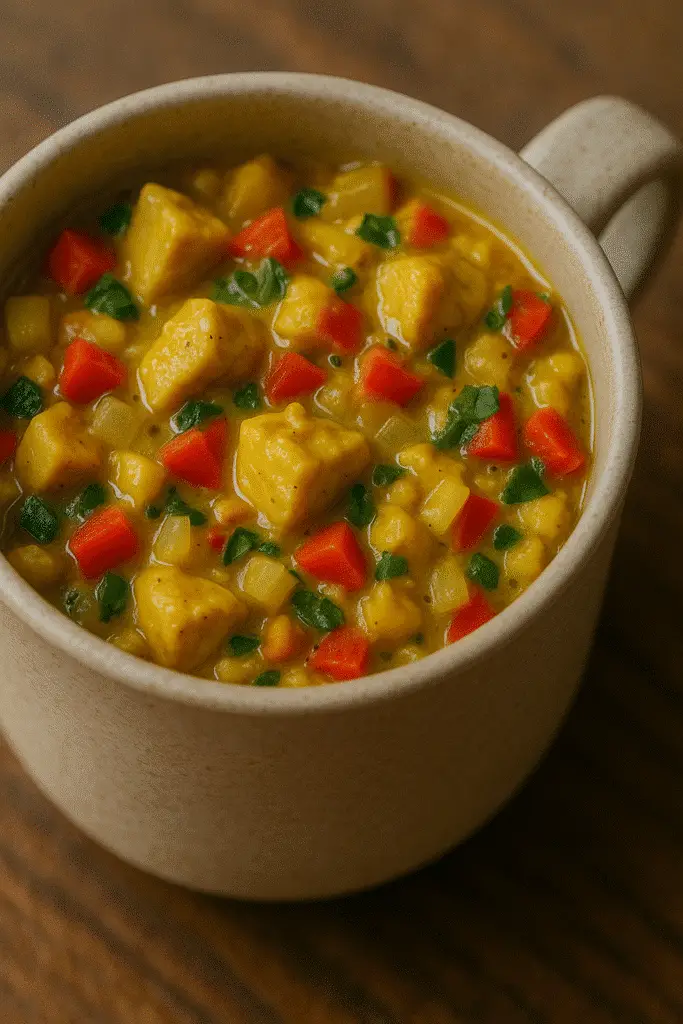 Pinterest pin showing microwave chicken curry mug recipe with 3-minute cook time from BusyCookLife