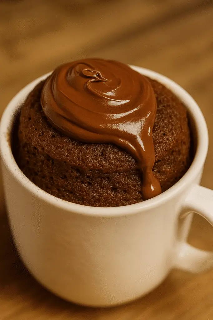 Quick Nutella Mug Cake Pinterest recipe pin showing 1-minute microwave dessert results
