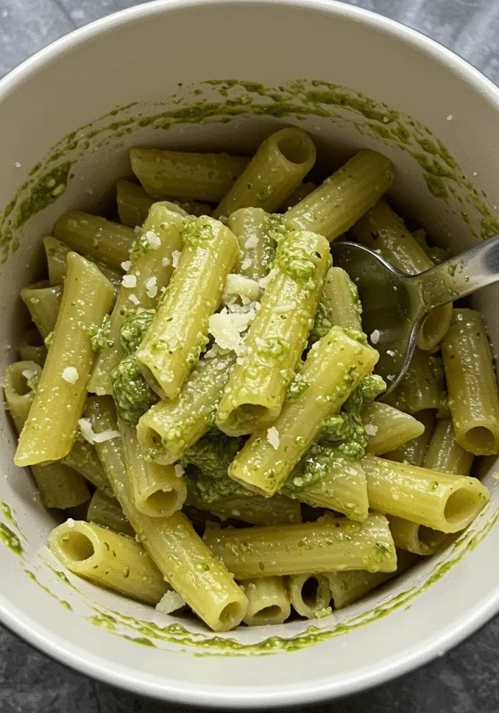 Pinterest pin showing 5-minute pesto pasta mug recipe with cooking time overlay - BusyCookLife kitchen hack
