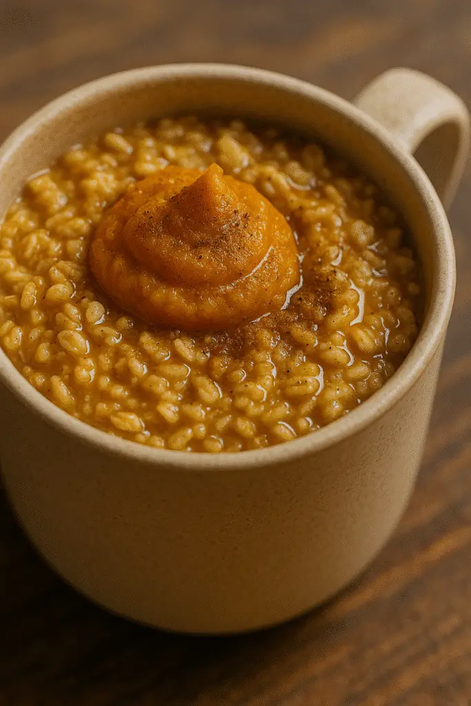 Pumpkin spice oatmeal mug with "Microwave Magic" overlay - BusyCookLife's signature quick breakfast hack