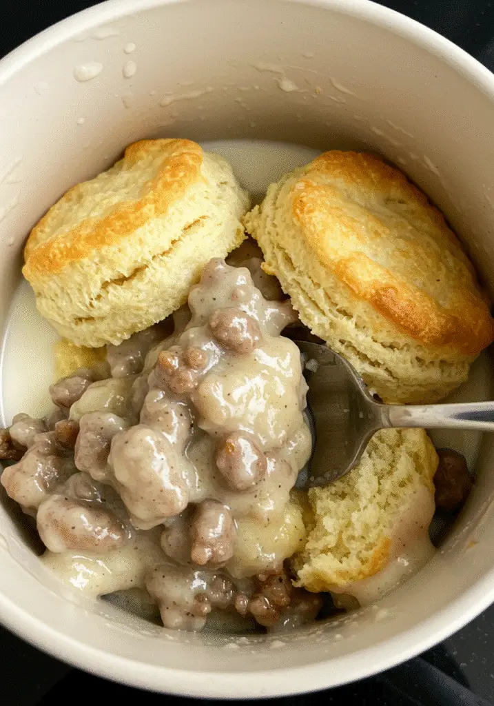 Vertical Pinterest image of sausage gravy biscuit mug breakfast recipe from BusyCookLife