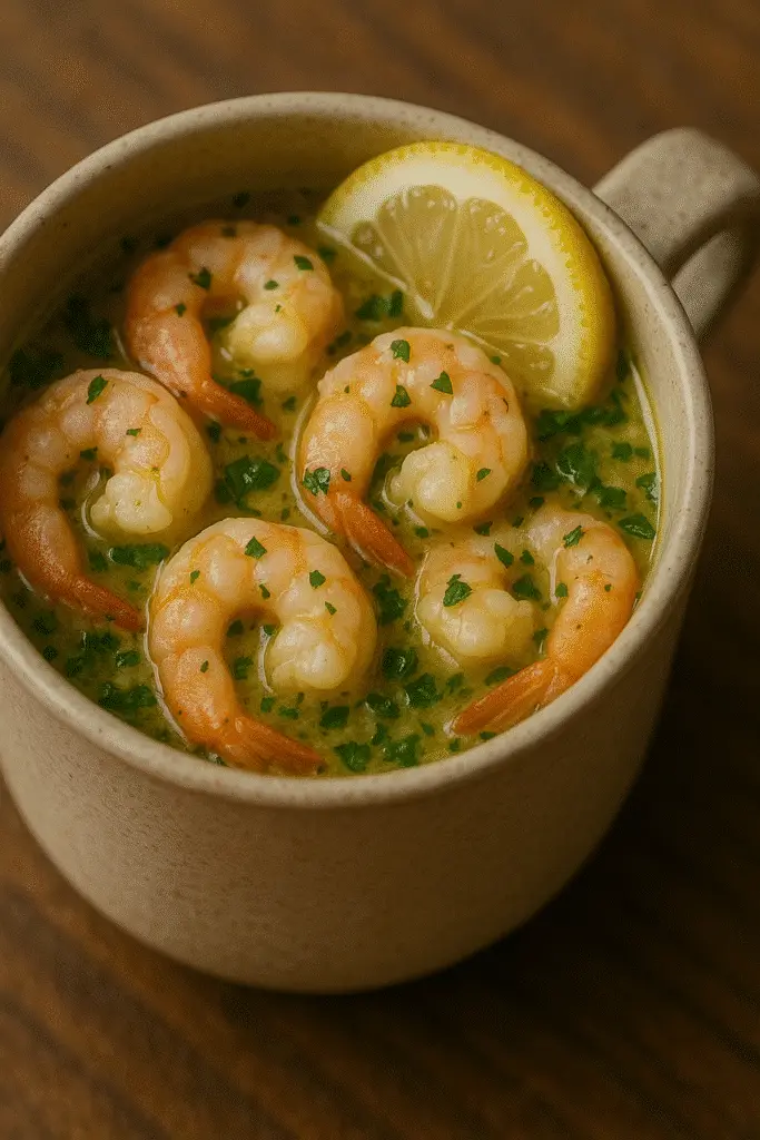 Pinterest pin for Shrimp Scampi in a Mug recipe with 2-minute microwave cooking method