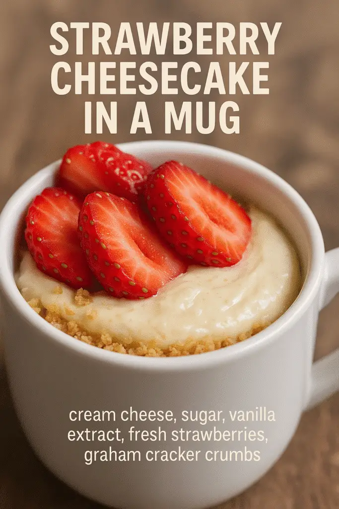 Vertical Pinterest pin showing easy 2-minute strawberry cheesecake in a mug recipe