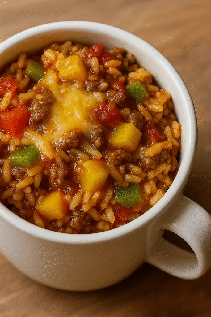 Pinterest pin showing stuffed pepper rice mug recipe with step-by-step cooking method