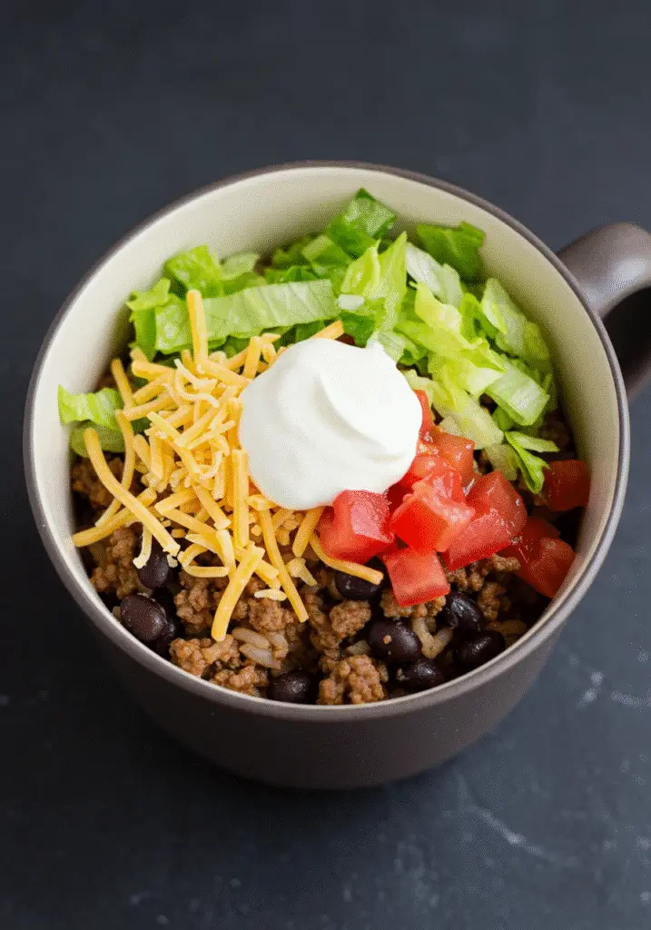 Vertical Pinterest pin showing Taco Bowl in a Mug recipe with 2-minute cook time - BusyCookLife