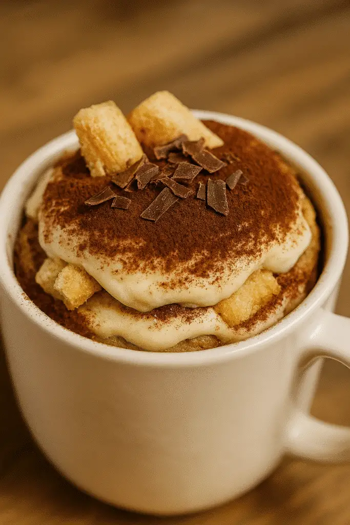 Vertical Pinterest-style tiramisu in a mug recipe photo showing creamy mascarpone layers and coffee-soaked ladyfingers for quick Italian dessert