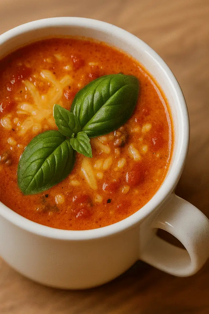 Vertical Pinterest pin showing tomato basil soup mug recipe - BusyCookLife quick meal solution