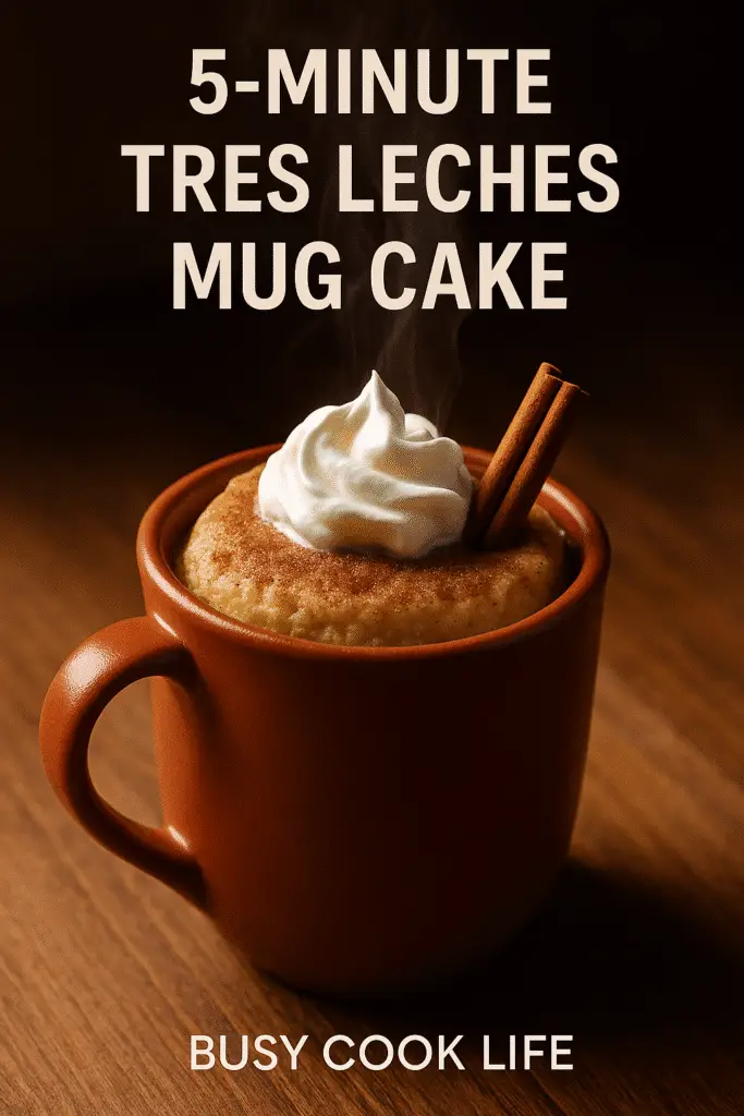 Pinterest-style cinnamon sugar tres leches mug cake with text overlay
