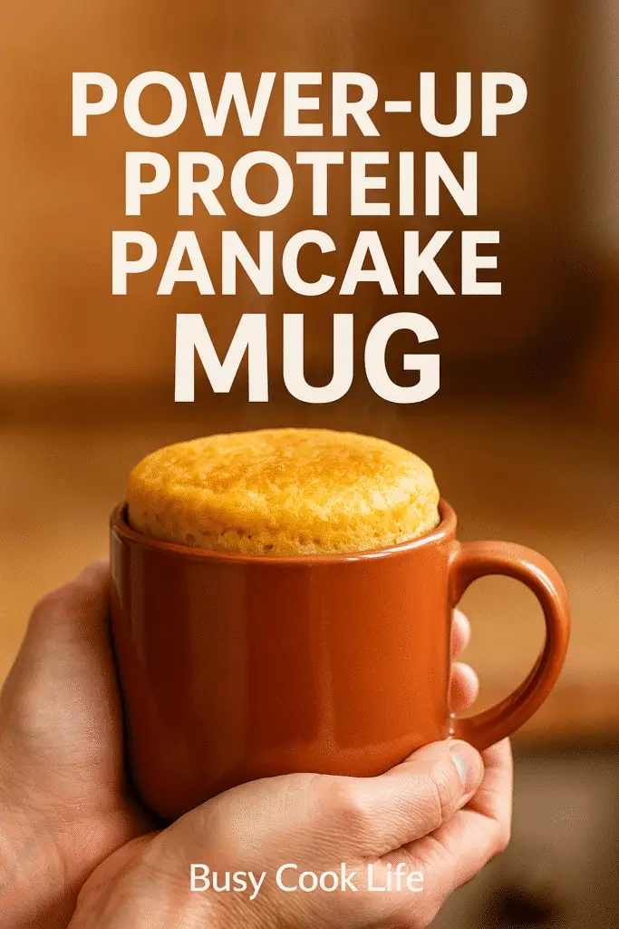 Pinterest pin for Power-Up Protein Pancake Mug recipe with brand overlay