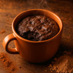 Protein brownie mug cake in ceramic mug with fudgy chocolate texture
