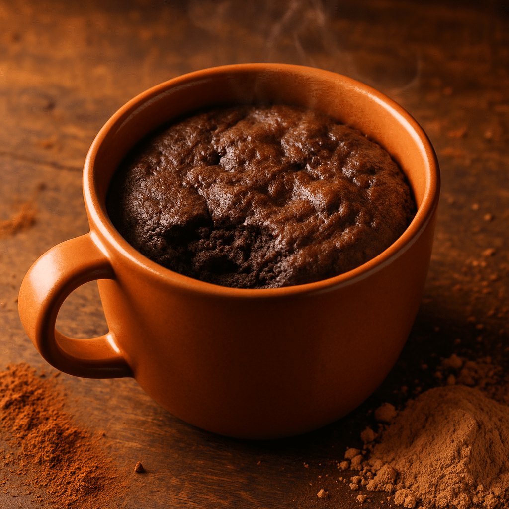 Protein brownie mug cake in ceramic mug with fudgy chocolate texture