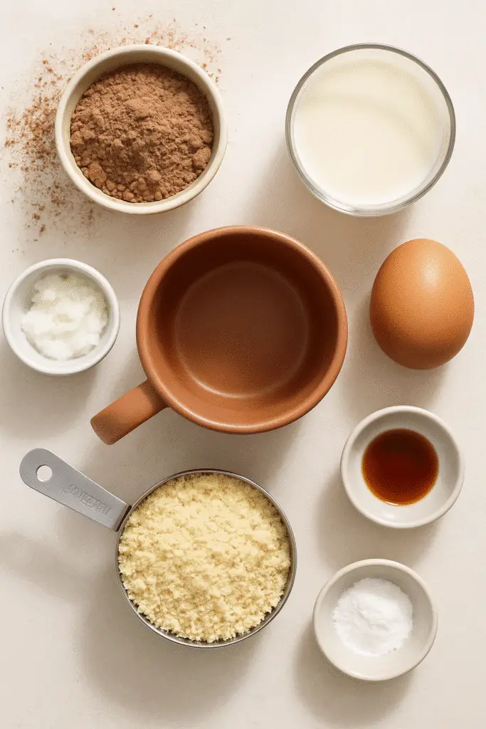Protein brownie mug cake ingredients laid out for baking