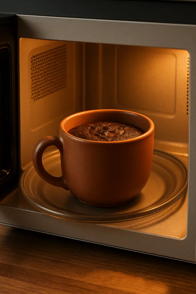 Protein brownie mug cake cooking in microwave oven
