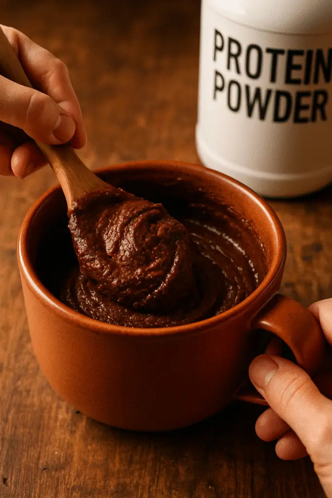 Mixing protein brownie mug cake batter with wooden spoon