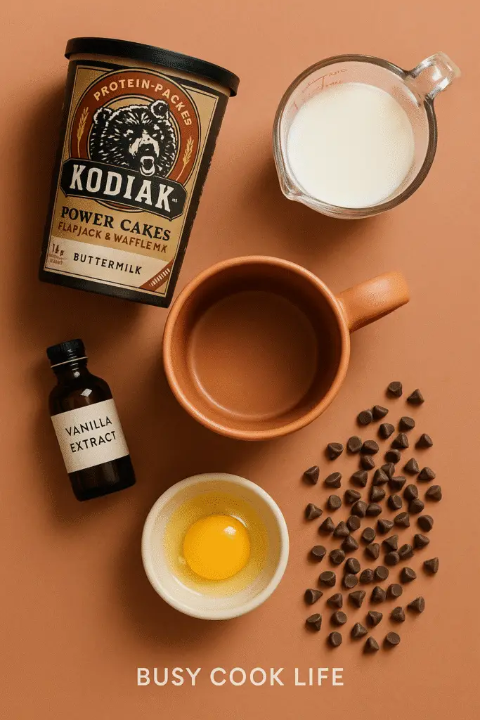 Protein pancake mug ingredients including Kodiak mix and measuring tools