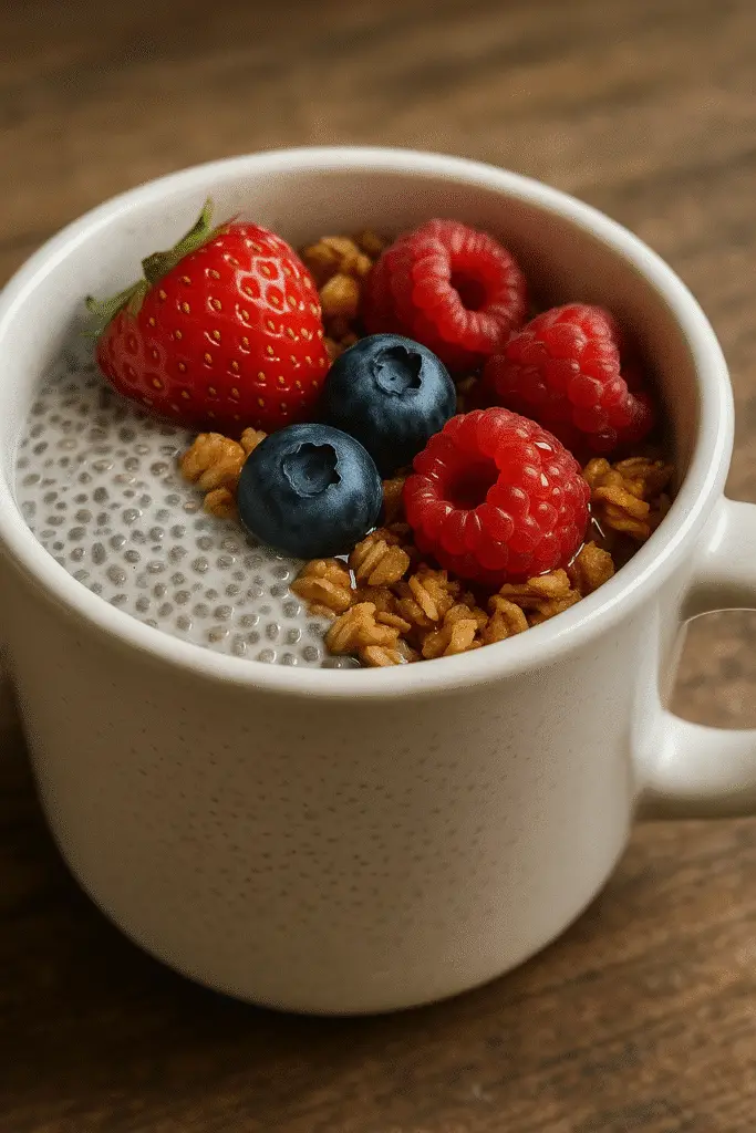 5-minute chia seed pudding recipe with text overlay showing quick preparation time