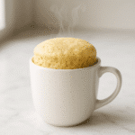Quick vanilla bean mug cake recipe ready in white ceramic mug