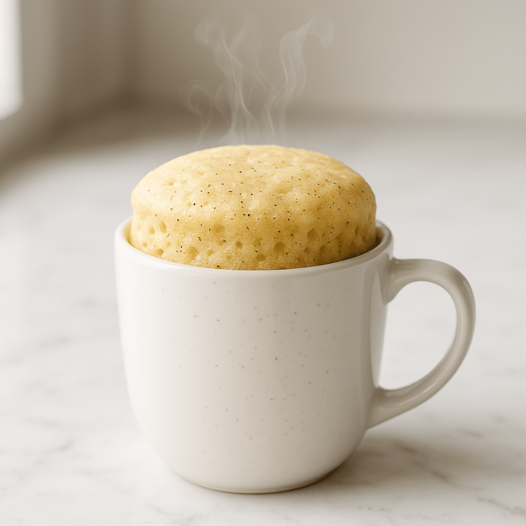 Quick vanilla bean mug cake recipe ready in white ceramic mug
