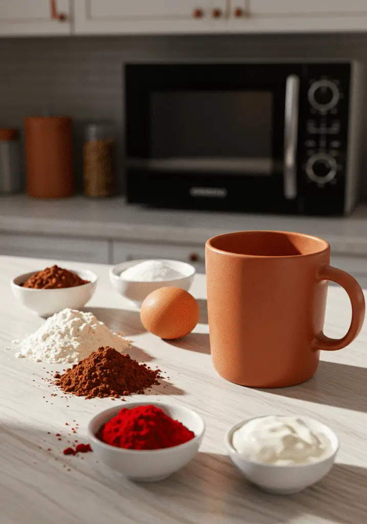 Red velvet mug cake ingredients layout with flour sugar cocoa and buttermilk