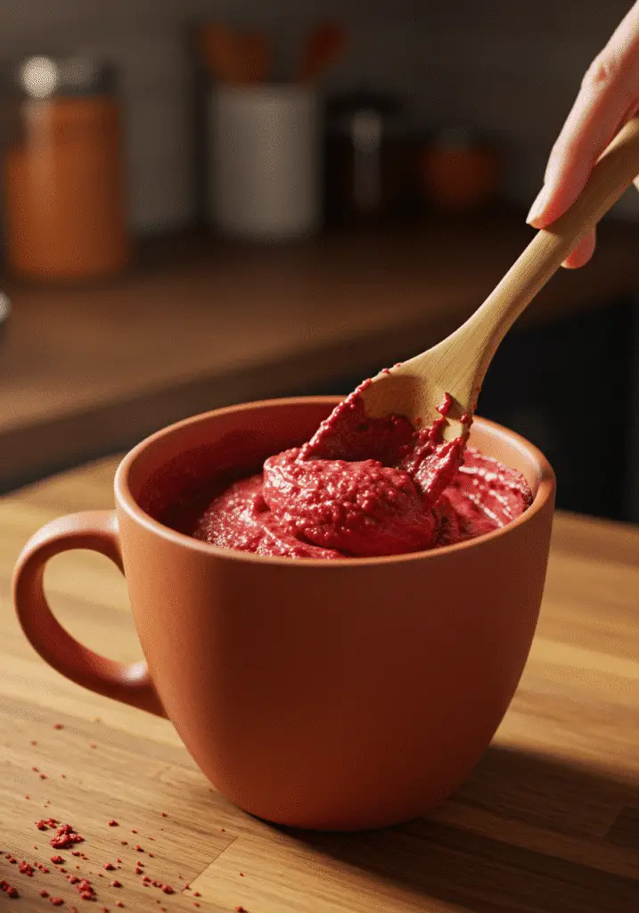 Mixing red velvet mug cake batter showing vibrant red color and texture