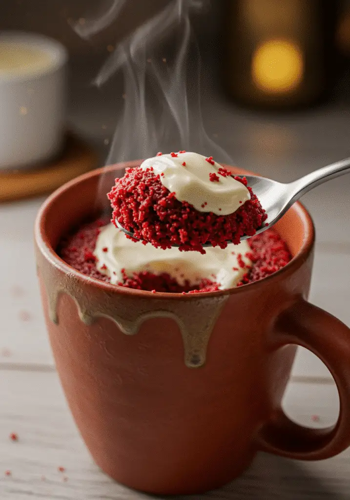 Red velvet mug cake serving spoonful showing fluffy texture and frosting