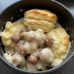 Sausage gravy biscuit mug recipe with fluffy biscuit and creamy gravy from BusyCookLife