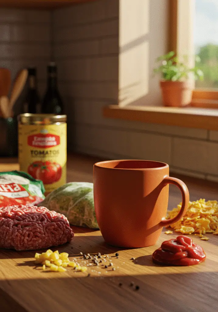 Shepherd's pie in a mug ingredients laid out on kitchen counter