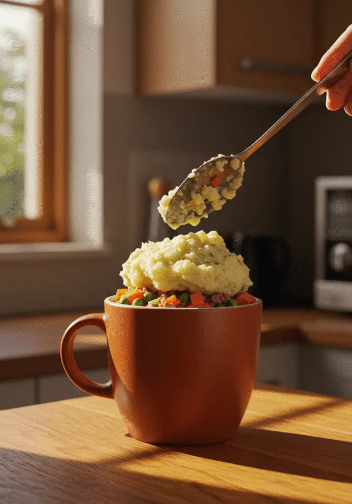 Layering shepherd's pie in a mug showing meat, vegetables, and potato layers